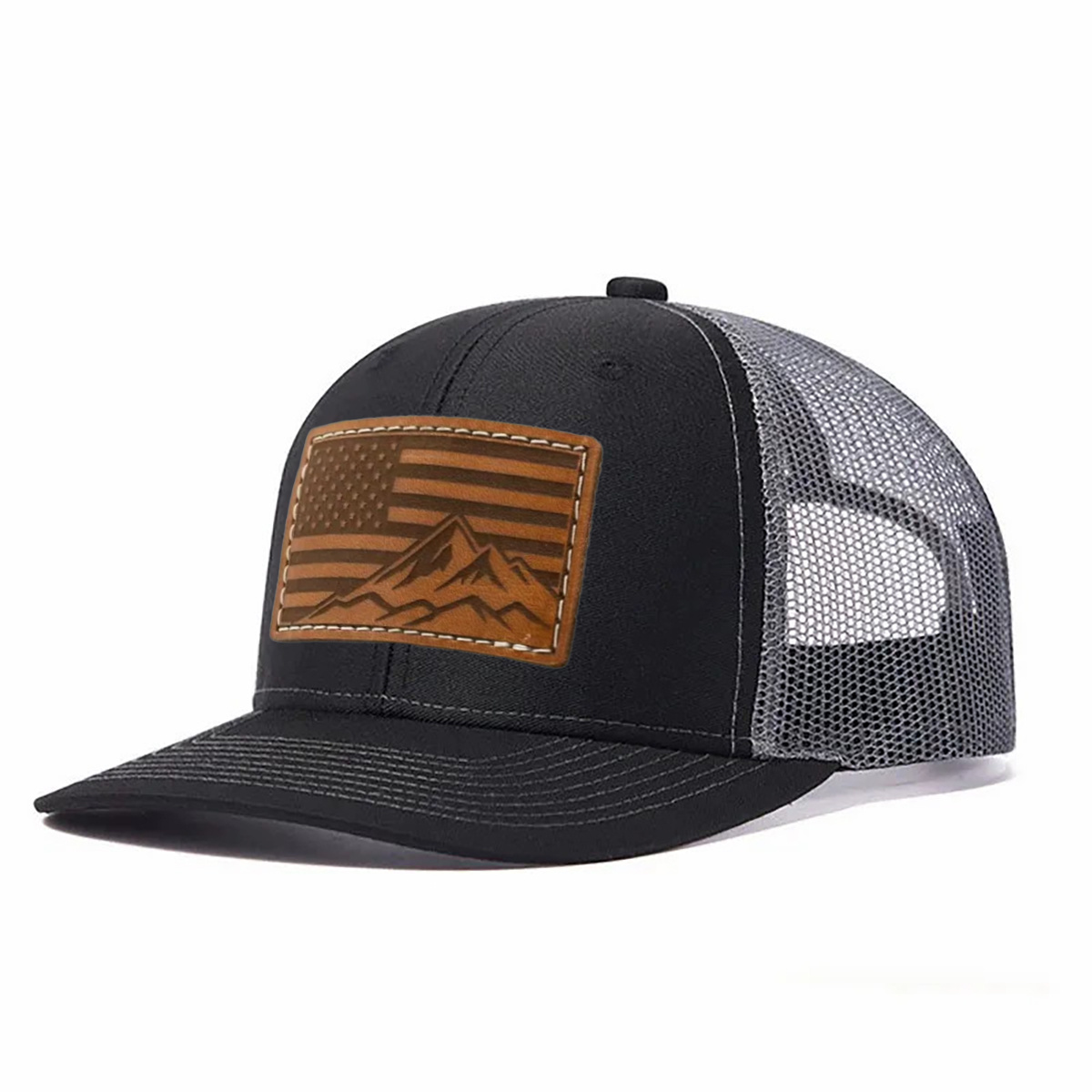 USA Flag Mountain Leather Patch Trucker Hat product details