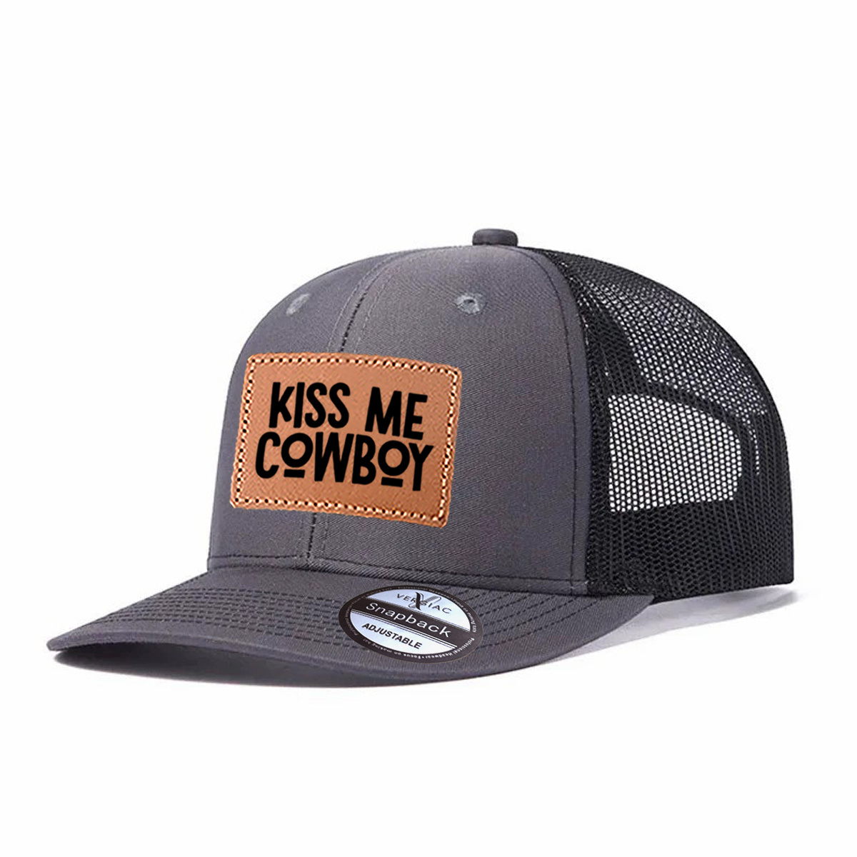 Kiss Me Cowboy Leather Patch Trucker Hat product details