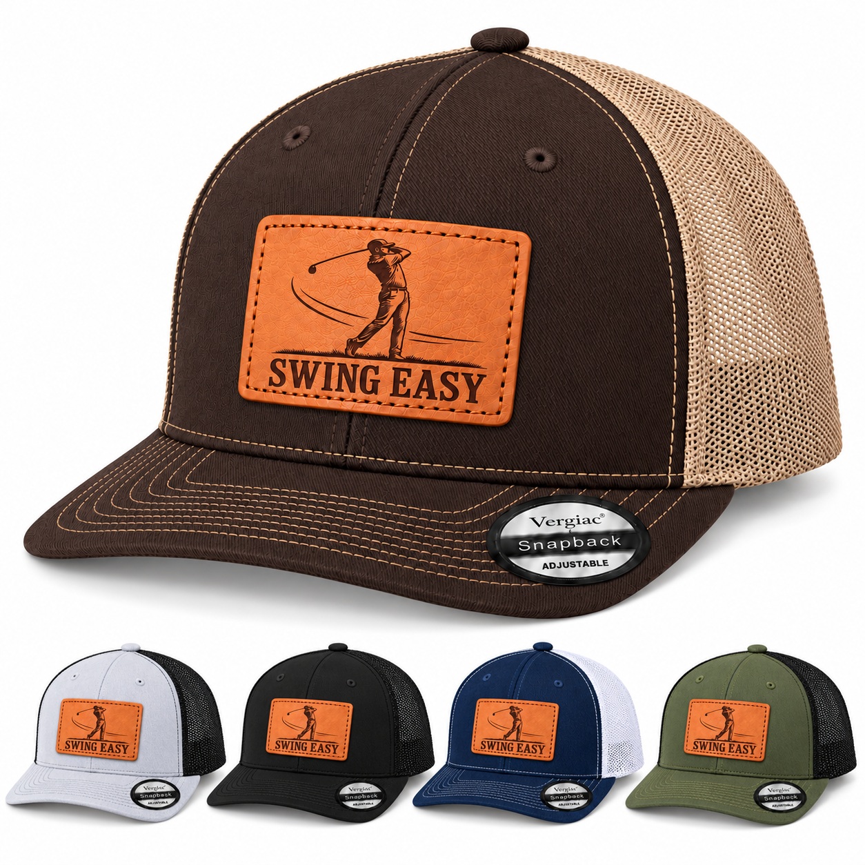 Swing Easy Golf Swing Graphic Leather Patch Trucker Hat product details