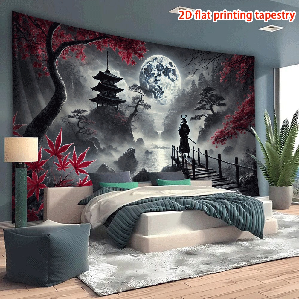 Samurai Under Moon Wall Hanging Tapestry 1 Piece Home Decor Tapestry For Living Room Bedroom Dorm Office Background Holiday Gift Indoor Outdoor_voghion.com