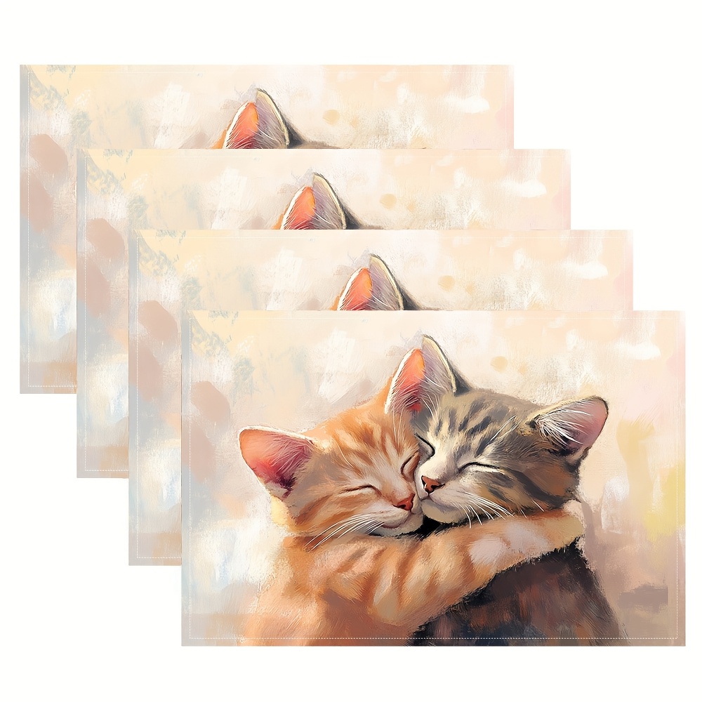 Niedliche Tischsets mit umarmenden getigerten Katzen – Design: Rot-graue Katzen, Tischsets für Ess- und Couchtische, maschinenwaschbar, rechteckige Küchendekoration_voghion.com