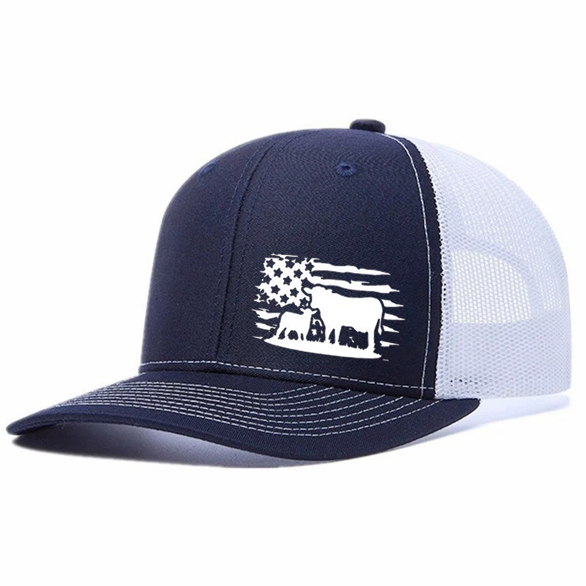 American Flag And Cattle Silhouette Leather Patch Trucker Hat product details