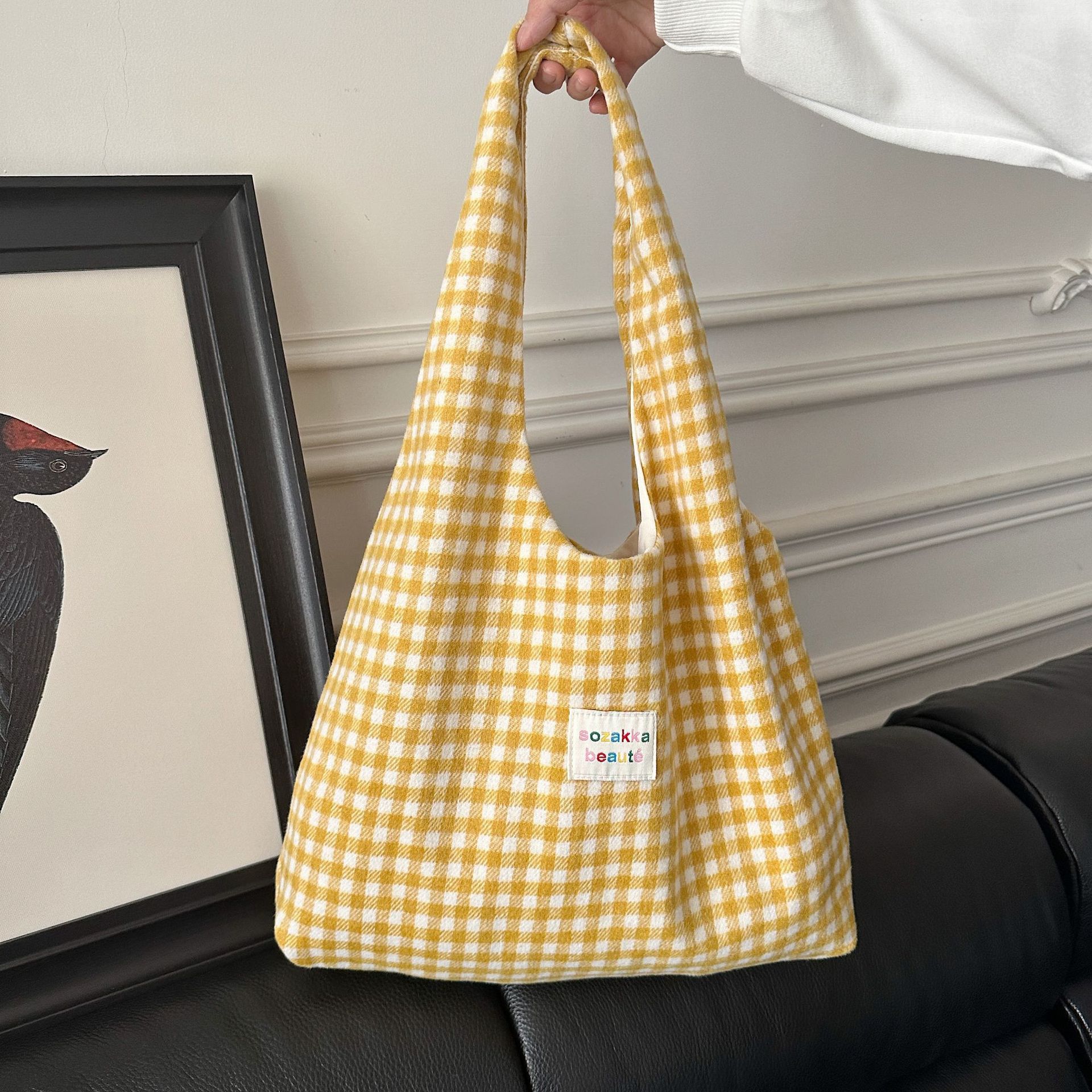 Korean Ins Sweet Pink Gingham Hobo Tote Bag Soft Fabric Letter Patch Large Capacity Ladies Campus Casual Shoulder Purse_voghion.com