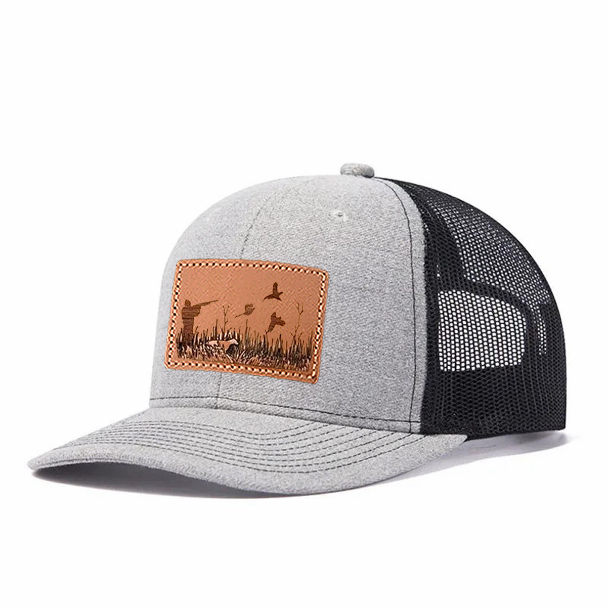 Upland Bird Hunting Scene Leather Patch Trucker Hat product details