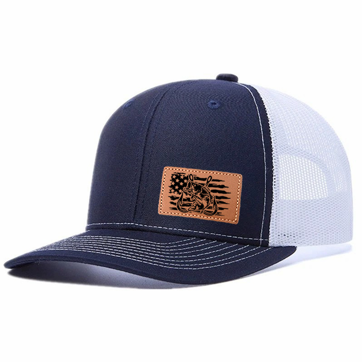 Fishing-themed Leather Patch Trucker Hat product details