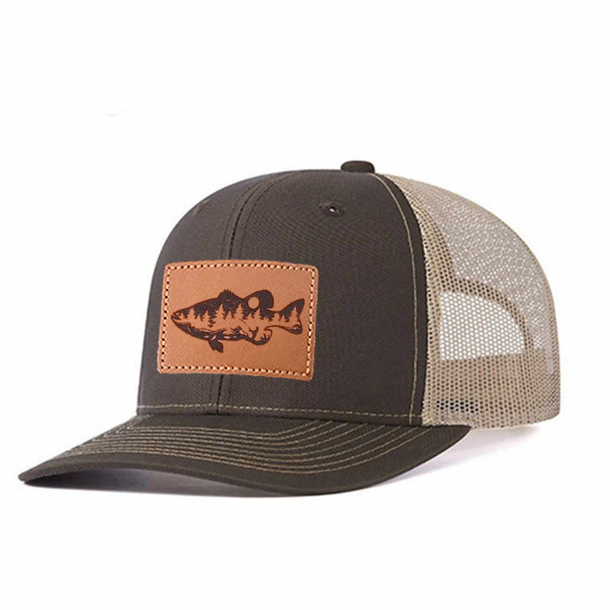 Largemouth Bass Scene Leather Patch Trucker Hat product details