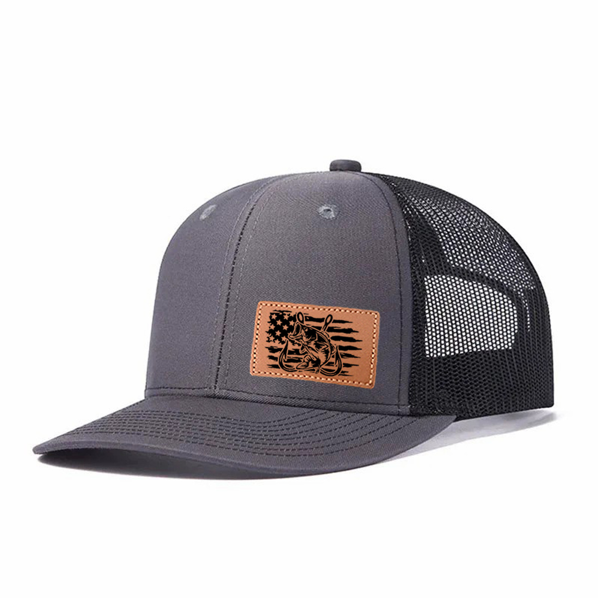 Fishing-themed Leather Patch Trucker Hat product details