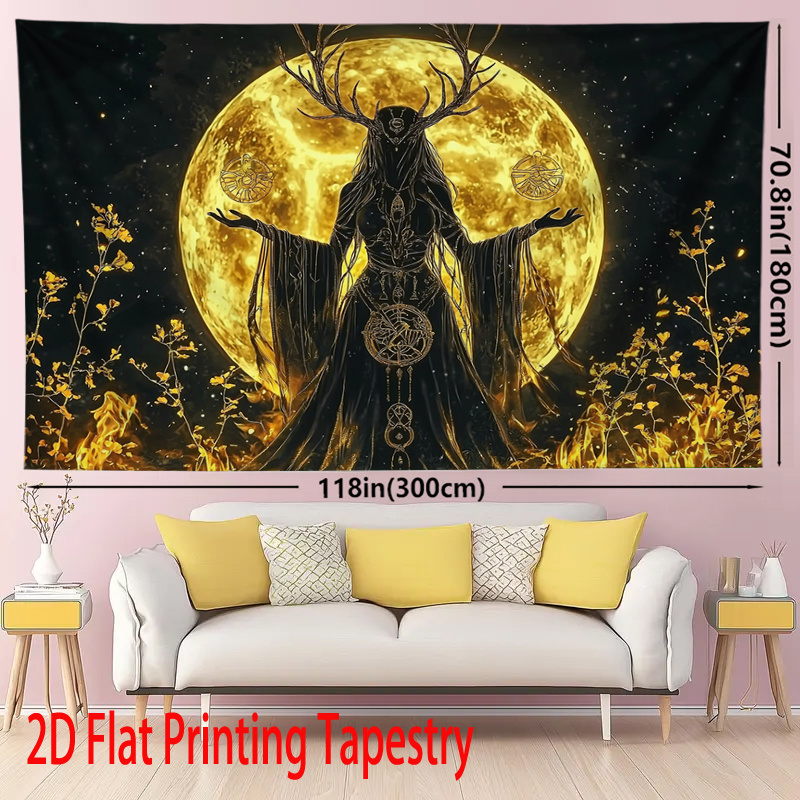 Tapiz plano 2D: un tapiz con una impresión plana en 2D de una diosa lunar con astas, perfecto para decorar tu hogar, sala de estar, dormitorio u oficina._voghion.com