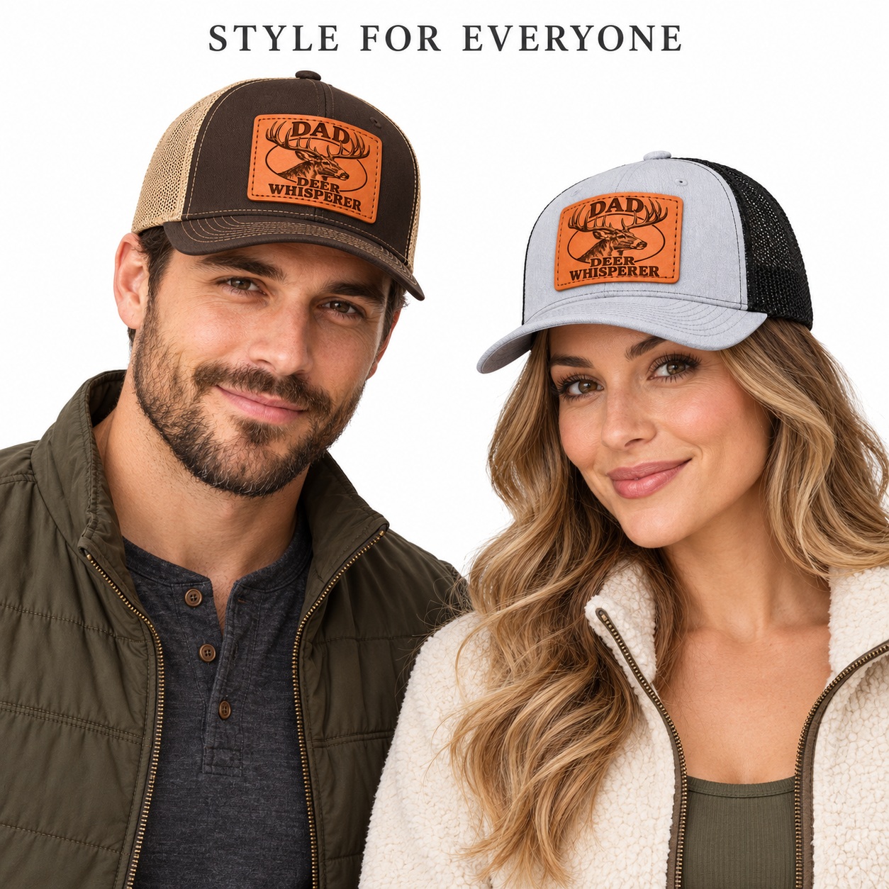 Dad Deer Whisperer Stag Head Graphic Leather Patch Trucker Hat product details