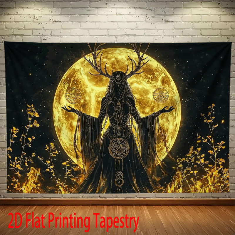 Tapiz plano 2D: un tapiz con una impresión plana en 2D de una diosa lunar con astas, perfecto para decorar tu hogar, sala de estar, dormitorio u oficina._voghion.com