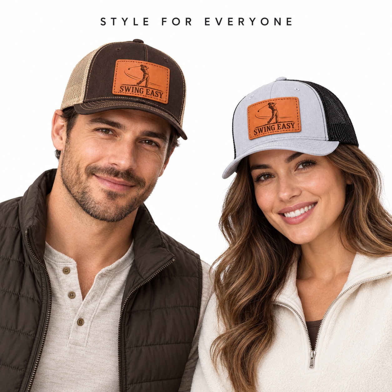 Swing Easy Golf Swing Graphic Leather Patch Trucker Hat product details