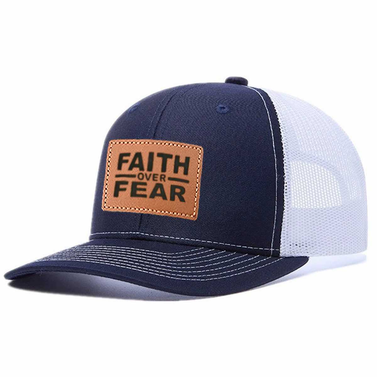 Faith Over Fear Leather Patch Trucker Hat product details