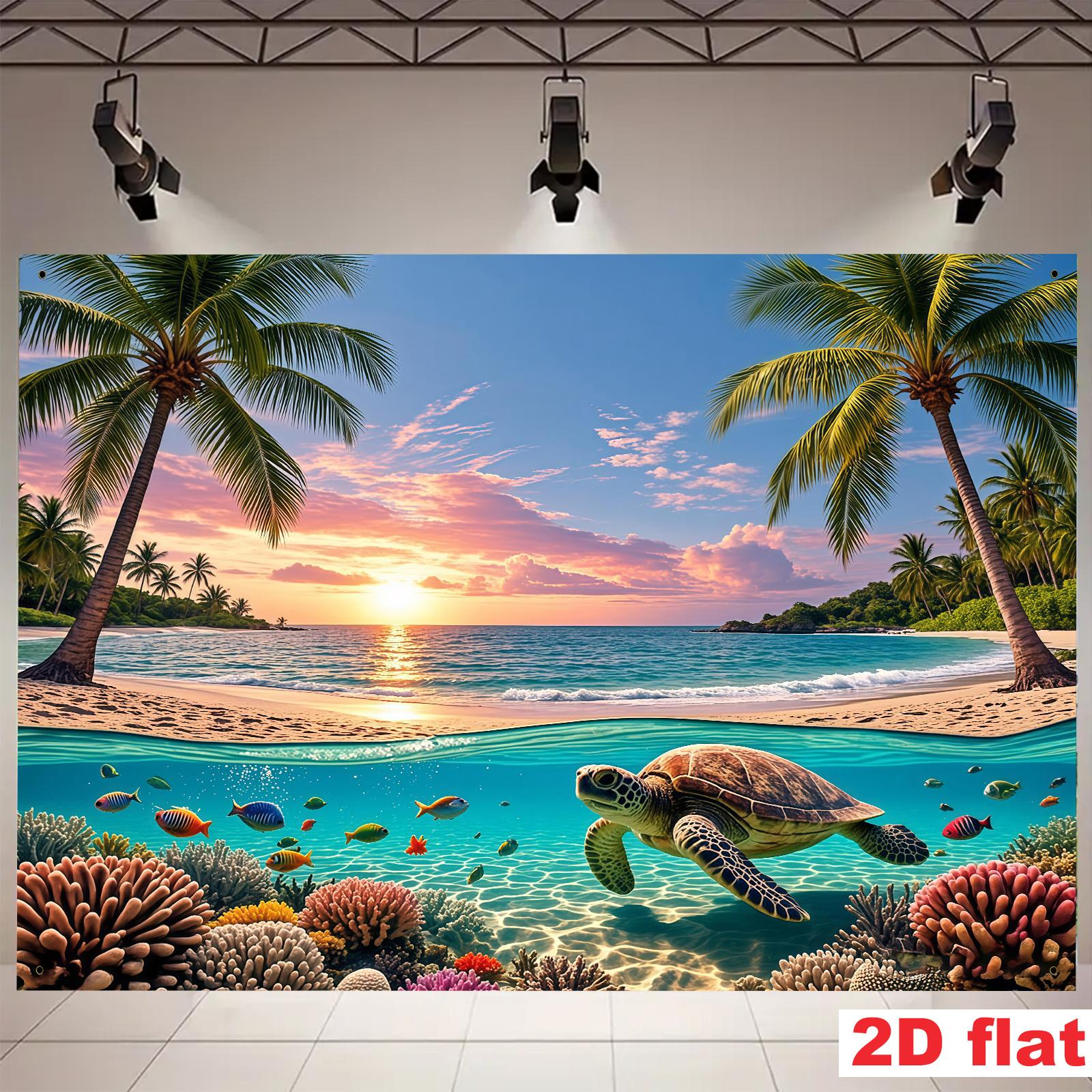 Partybanner, 1 Stück, aus Polyester, mit tropischem Strandmotiv, tropischen Fischen, Meeresschildkröten, Korallenriffen, Stränden und Palmen_voghion.com