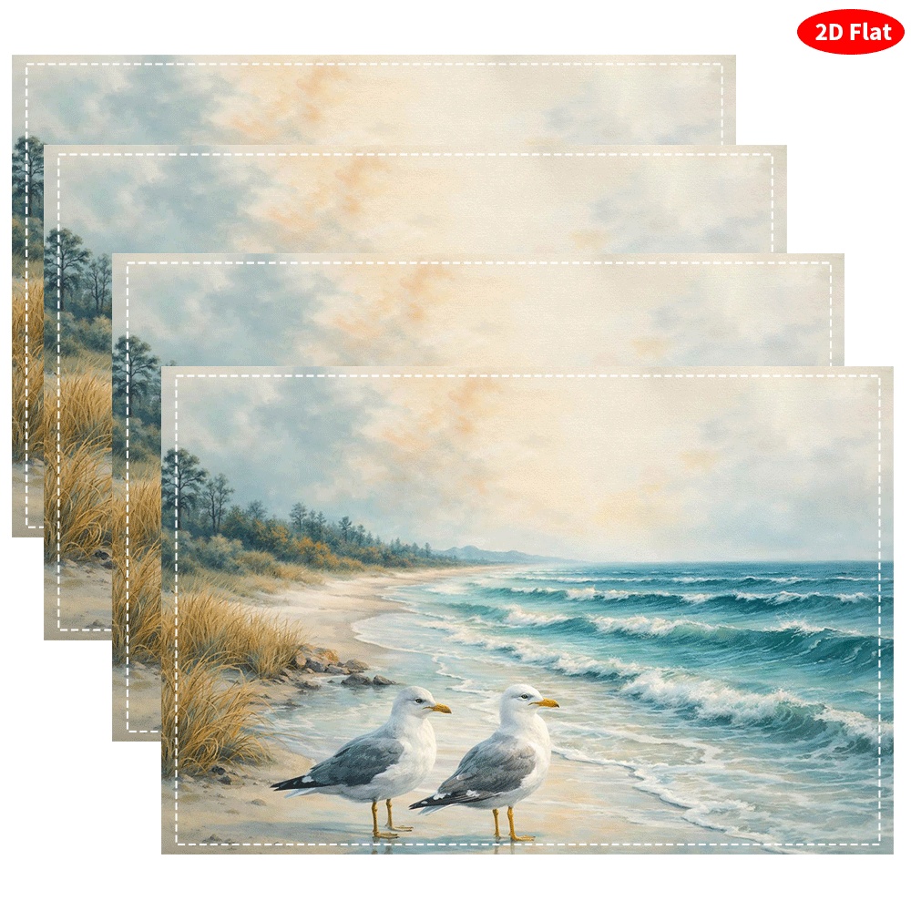 6pcs Seagull Beach Placemats Suitable & Dining Table Decor, Heat-Resistant Washable Table Mats With Nautical Seagull Print, Hand Washable Table_voghion.com