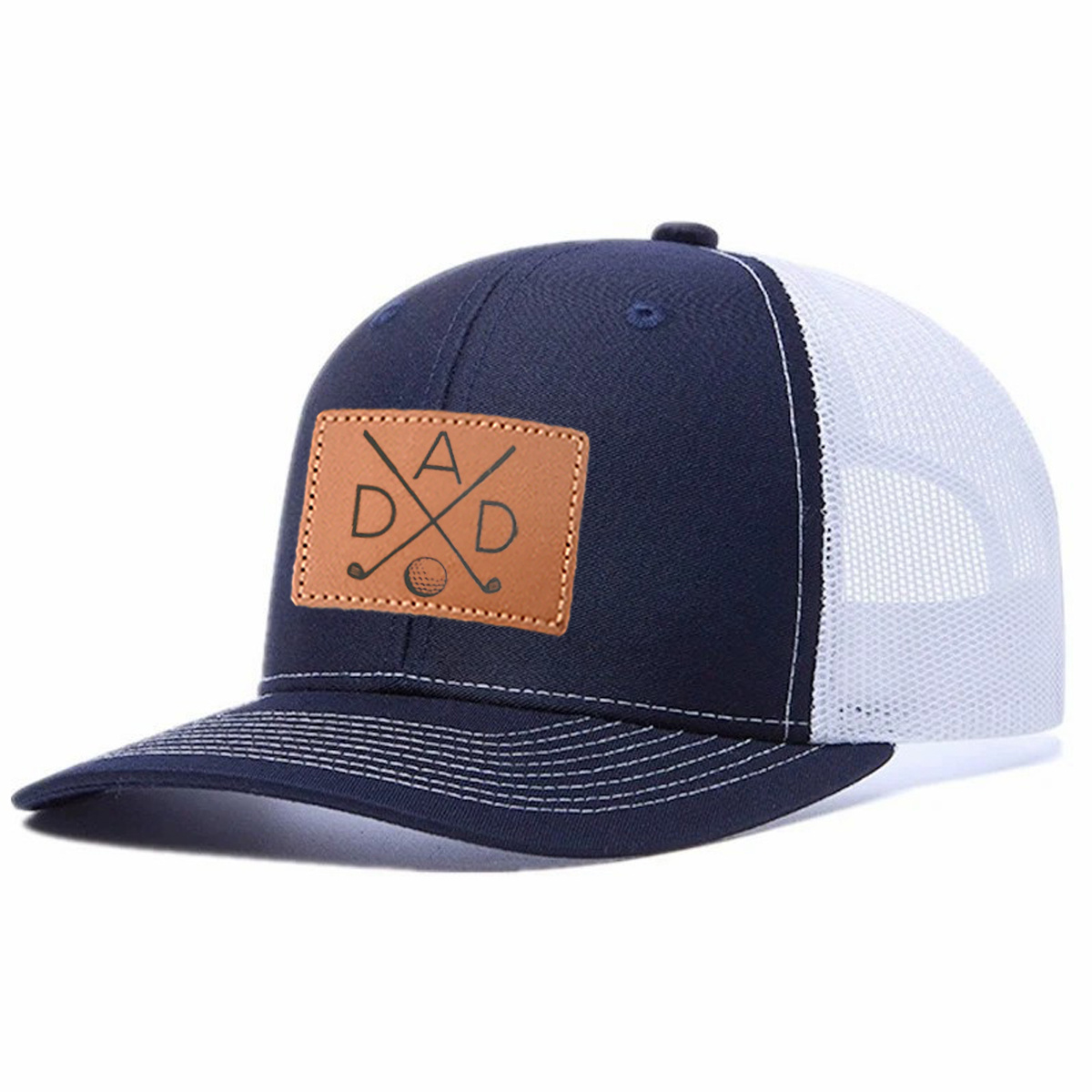 Dad Golf Leather Patch Trucker Hat product details