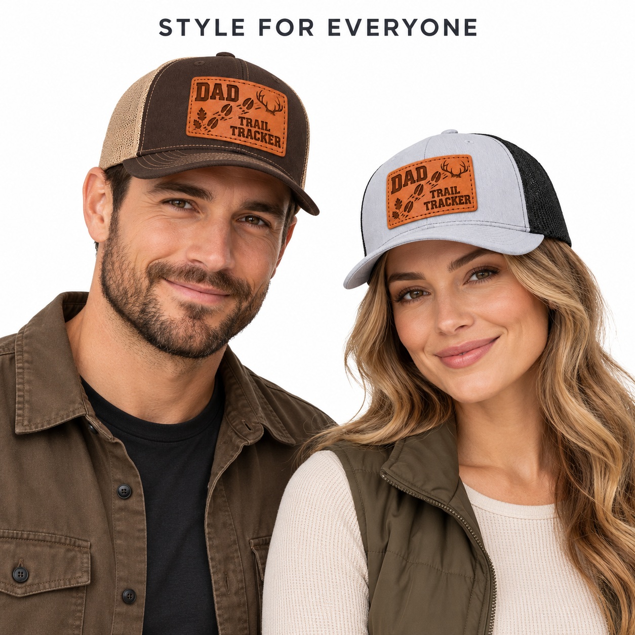 Dad Trail Tracker Antler And Hoofprint Graphic Leather Patch Trucker Hat product details