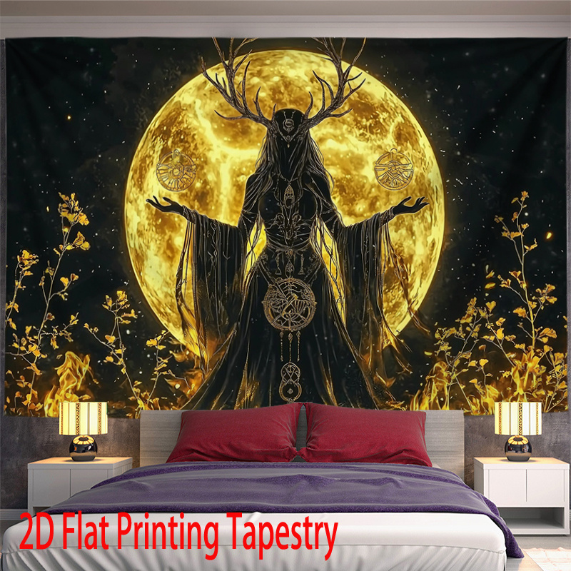Tapiz plano 2D: un tapiz con una impresión plana en 2D de una diosa lunar con astas, perfecto para decorar tu hogar, sala de estar, dormitorio u oficina._voghion.com