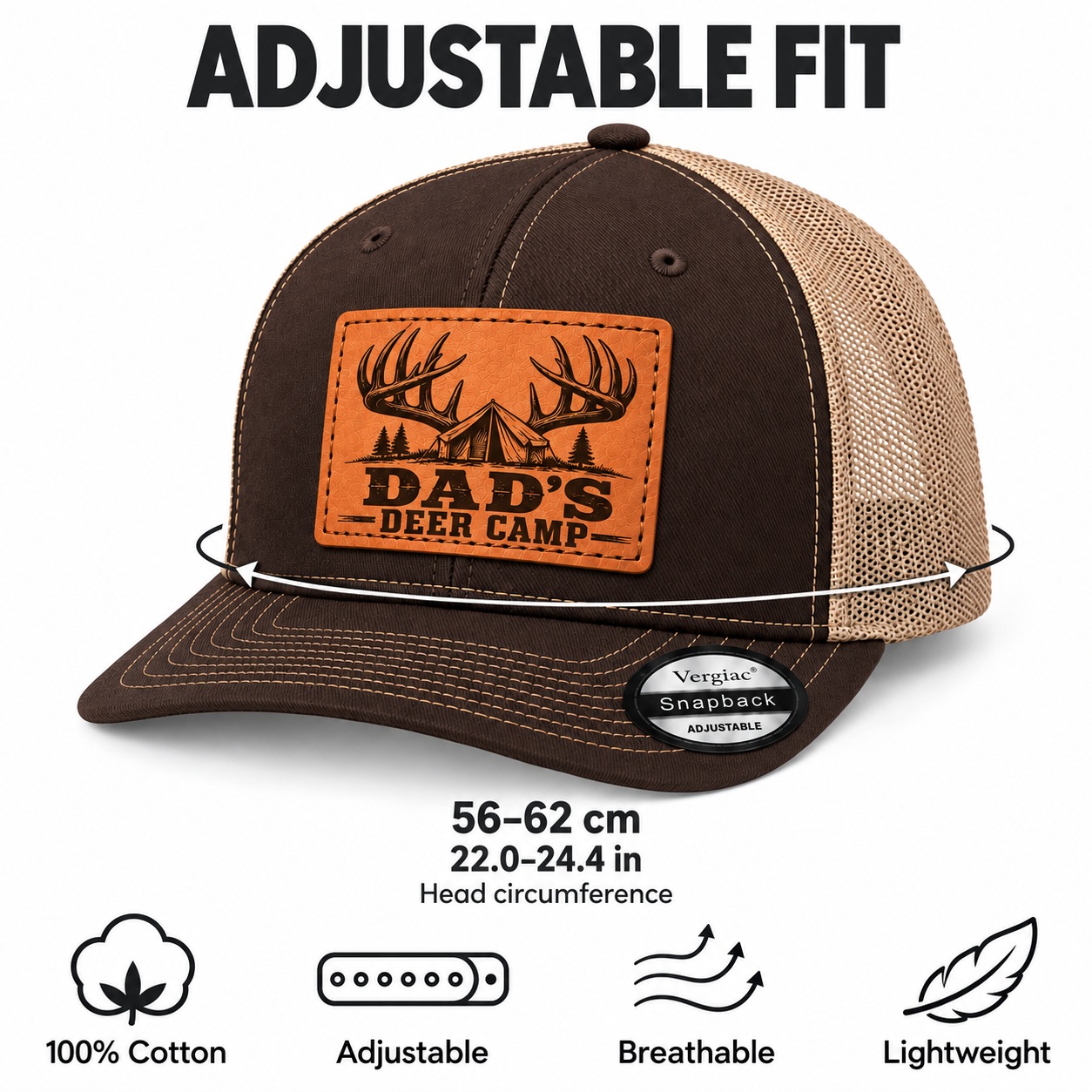 Dad's Deer Camp Antler And Tent Graphic Leather Patch Trucker Hat product details