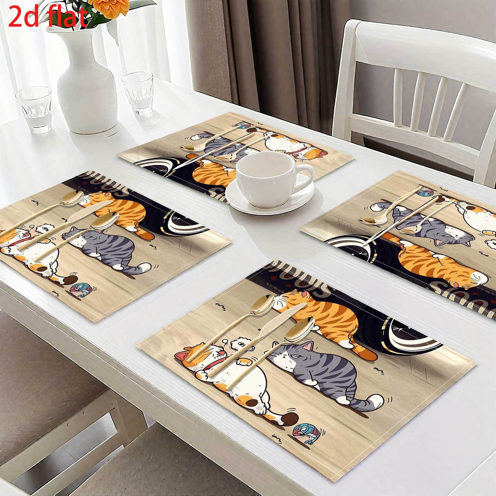 Ensemble de 4 sets de table à motifs de chats faisant la sieste, avec une route gris clair en arrière-plan, ornés de trois chats paresseux, forme douce et apaisante_voghion.com