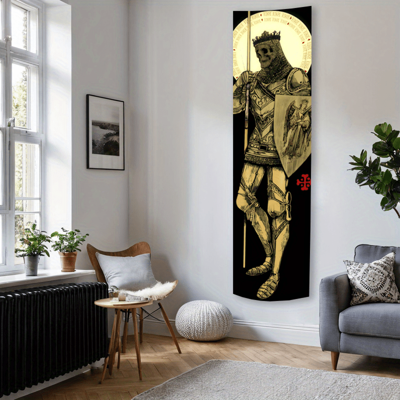 Mittelalterlicher Wandteppich mit Ritter-Engel-Motiv, vertikal, lang und schmal, goldener Stil, Polyester, genähte Kanten, ideales Geschenk für Liebhaber von Wohnaccessoires_voghion.com
