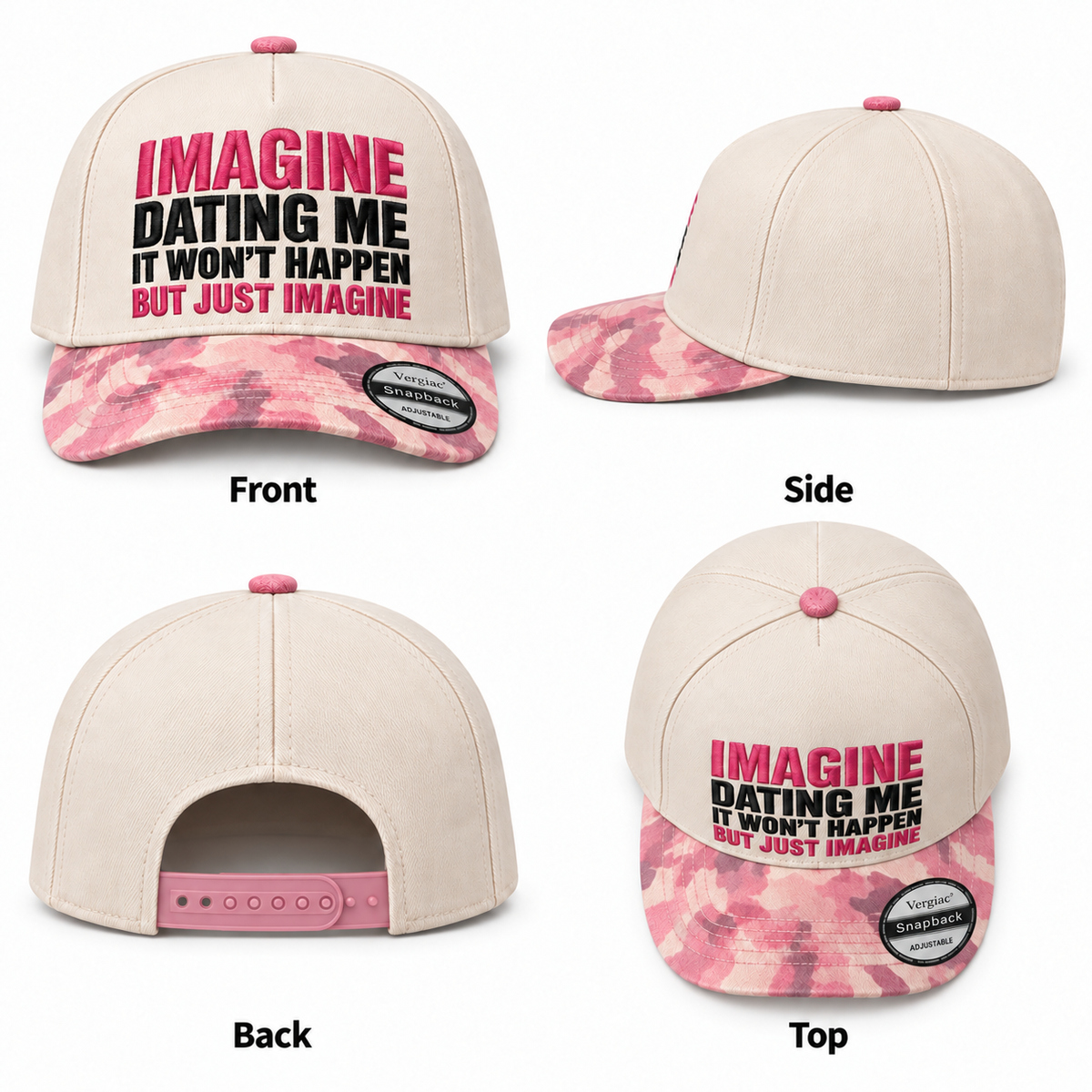 Imagine Dating Me Novelty Slogan 5-Panel Trucker Hat product details