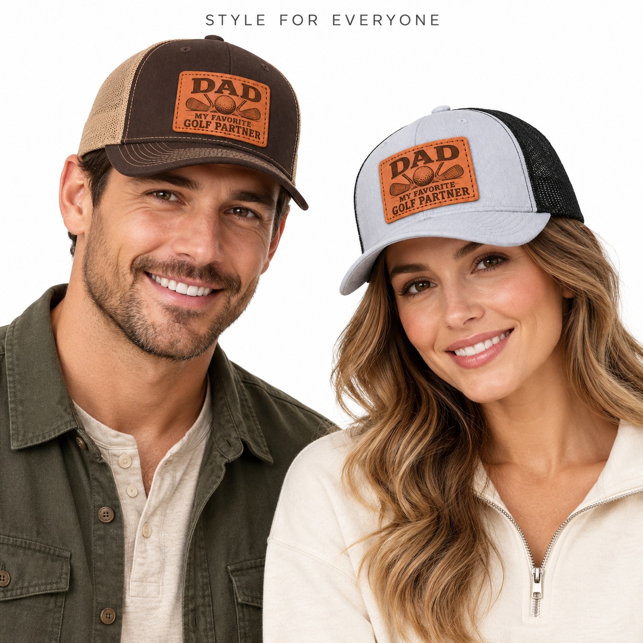 Dad My Favorite Golf Partner Golf Club Graphic Leather Patch Trucker Hat product details