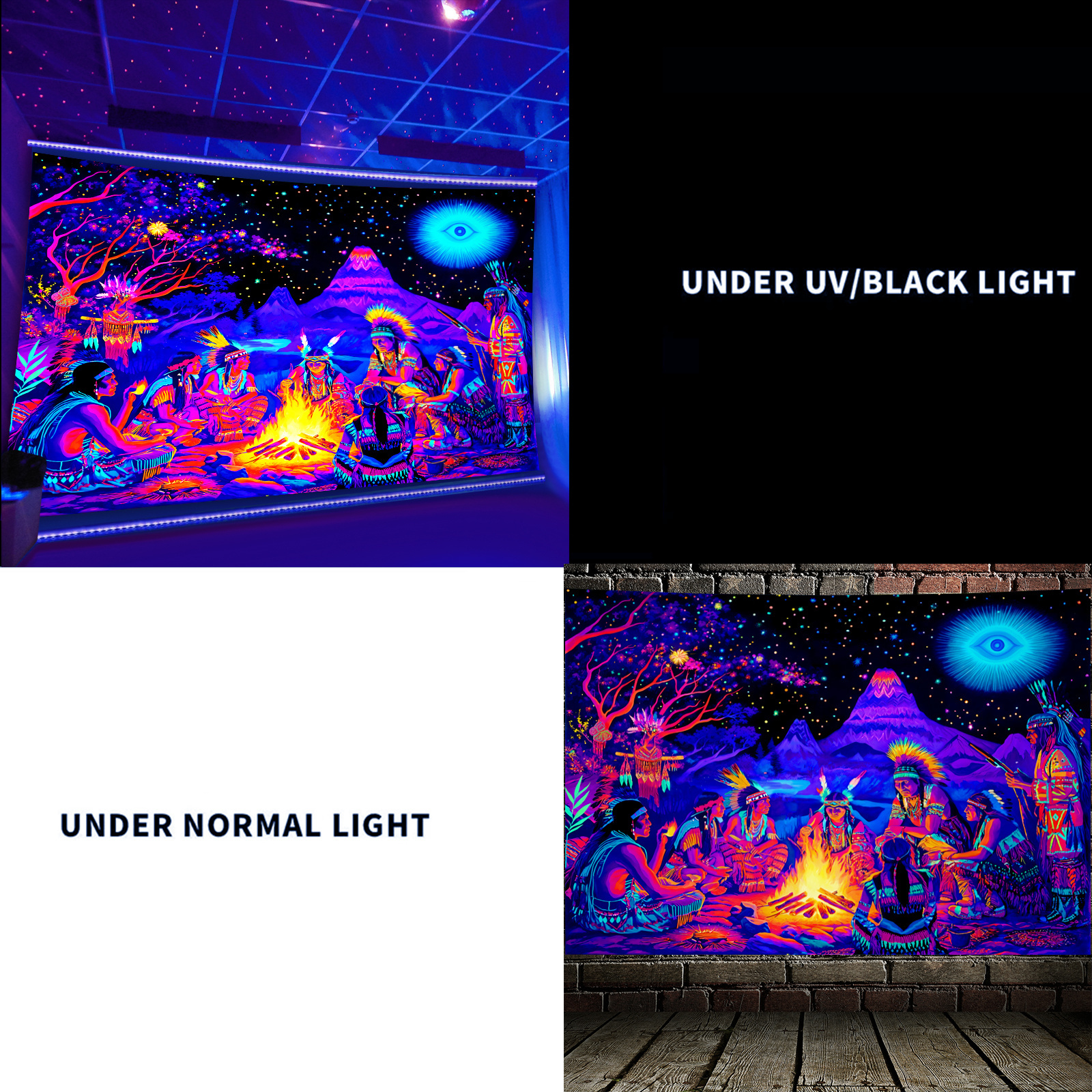 Oversized Vibrant Indian Tribal Tapestry Glows Under Fluorescent Light Fluorescent Aesthetic Prints For Bedroom Office Living Room Party Celebration_voghion.com