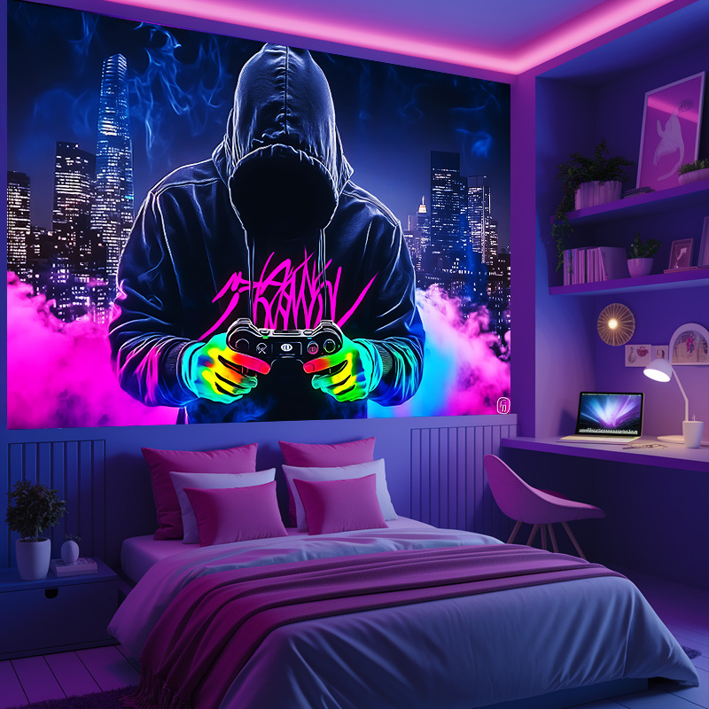 Tapisserie murale fluorescente « Manette de jeu Mysterious Man » (1 pièce), réactive aux UV, sans alimentation, idéale pour chambre, salle de jeux ou bar._voghion.com