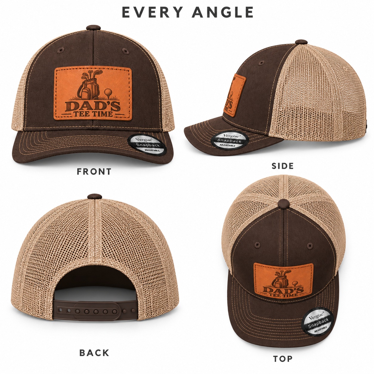 Dad's Tee Time Golf Club Graphic Leather Patch Trucker Hat product details