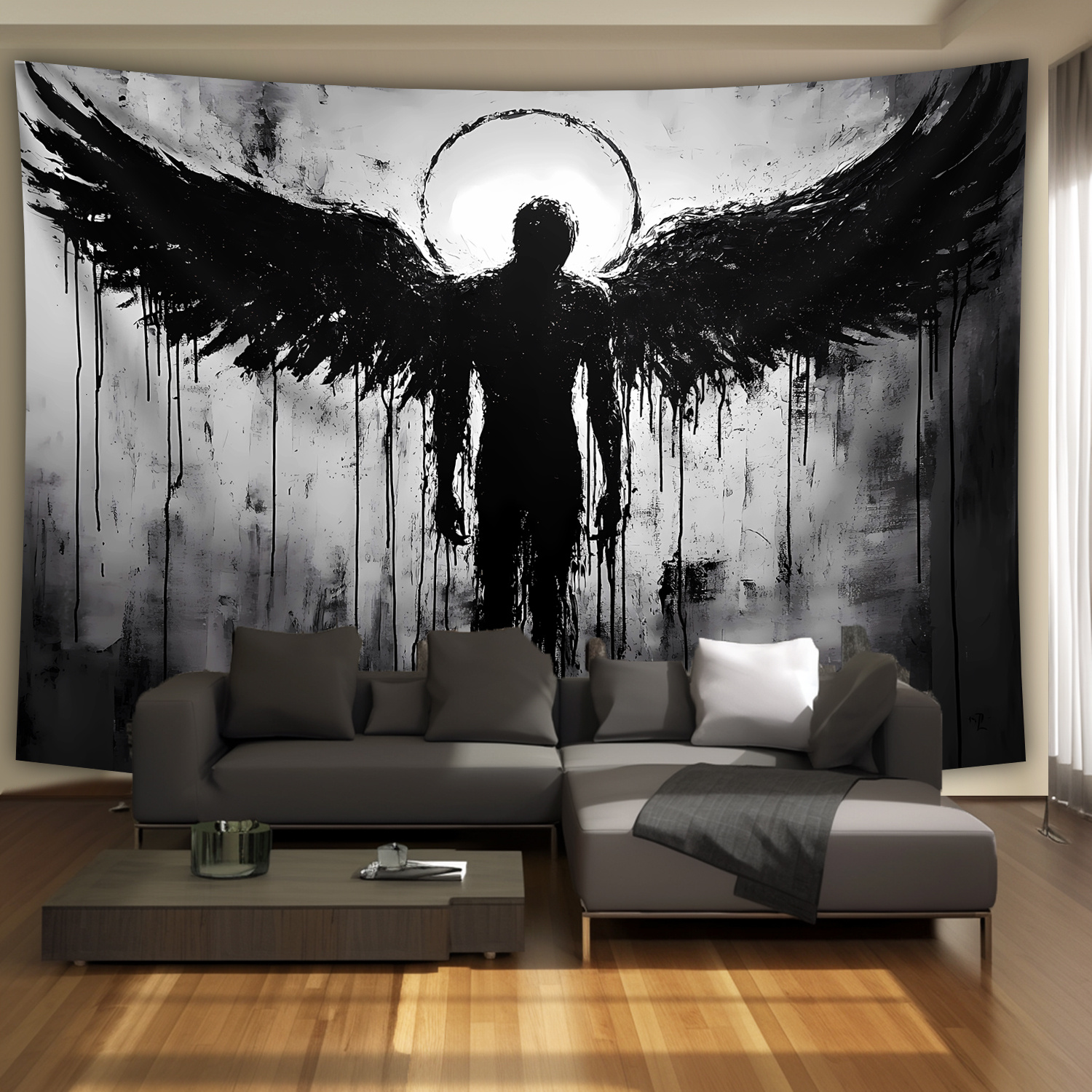 Ultra Large Black Angel Landscape Wall Hanging Tapestry Premium Polyester HD Print Soft Wrinkle Resistant With Free Hanging Clips For Home Room Decor_voghion.com