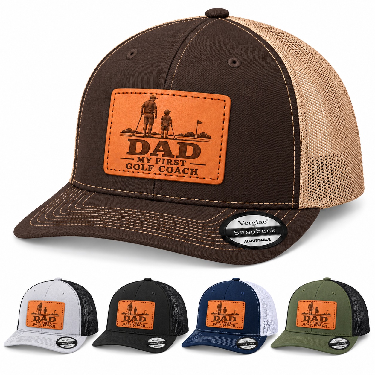 Dad My First Golf Coach Leather Patch Trucker Hat product details