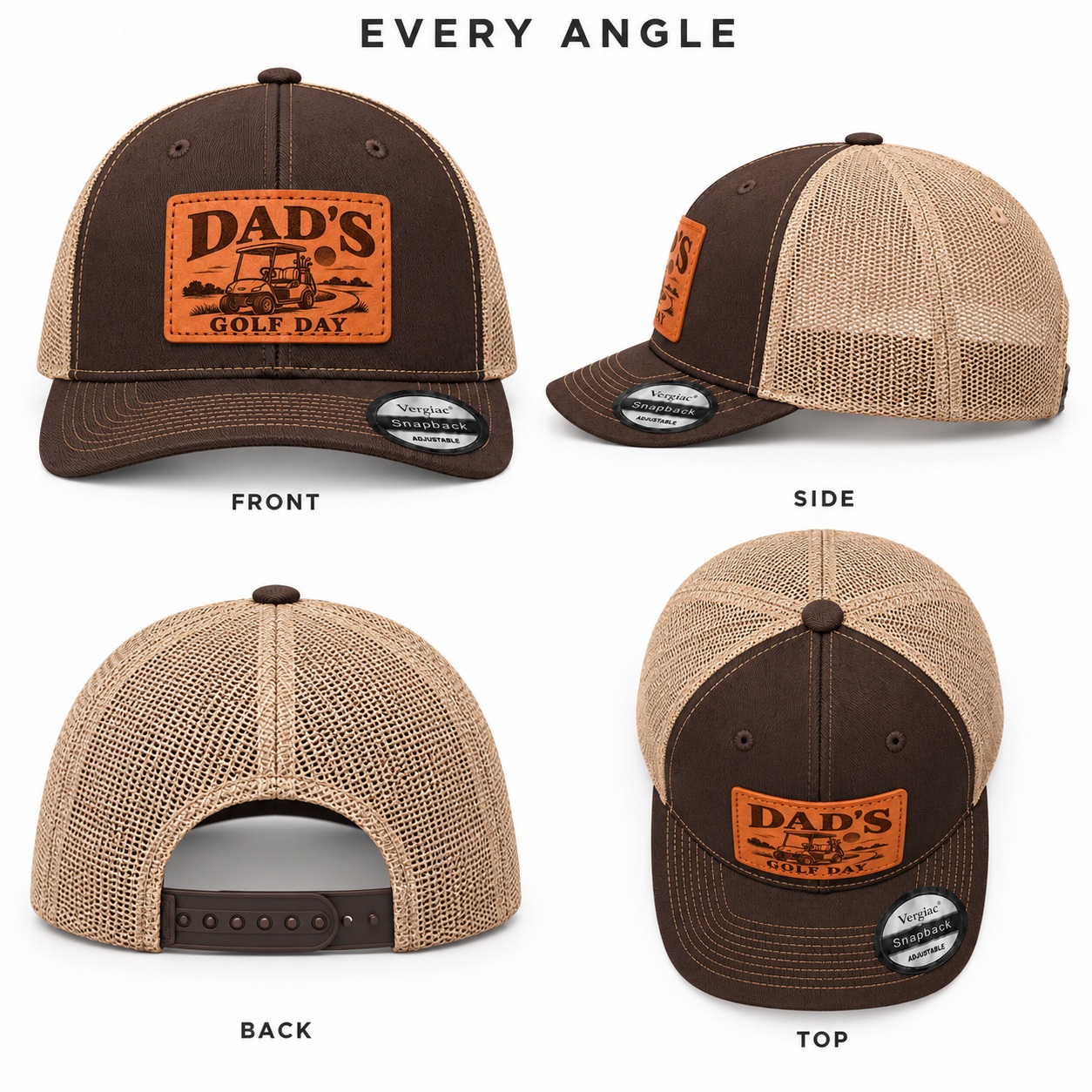 Dad's Golf Day Golf Cart Graphic Leather Patch Trucker Hat product details