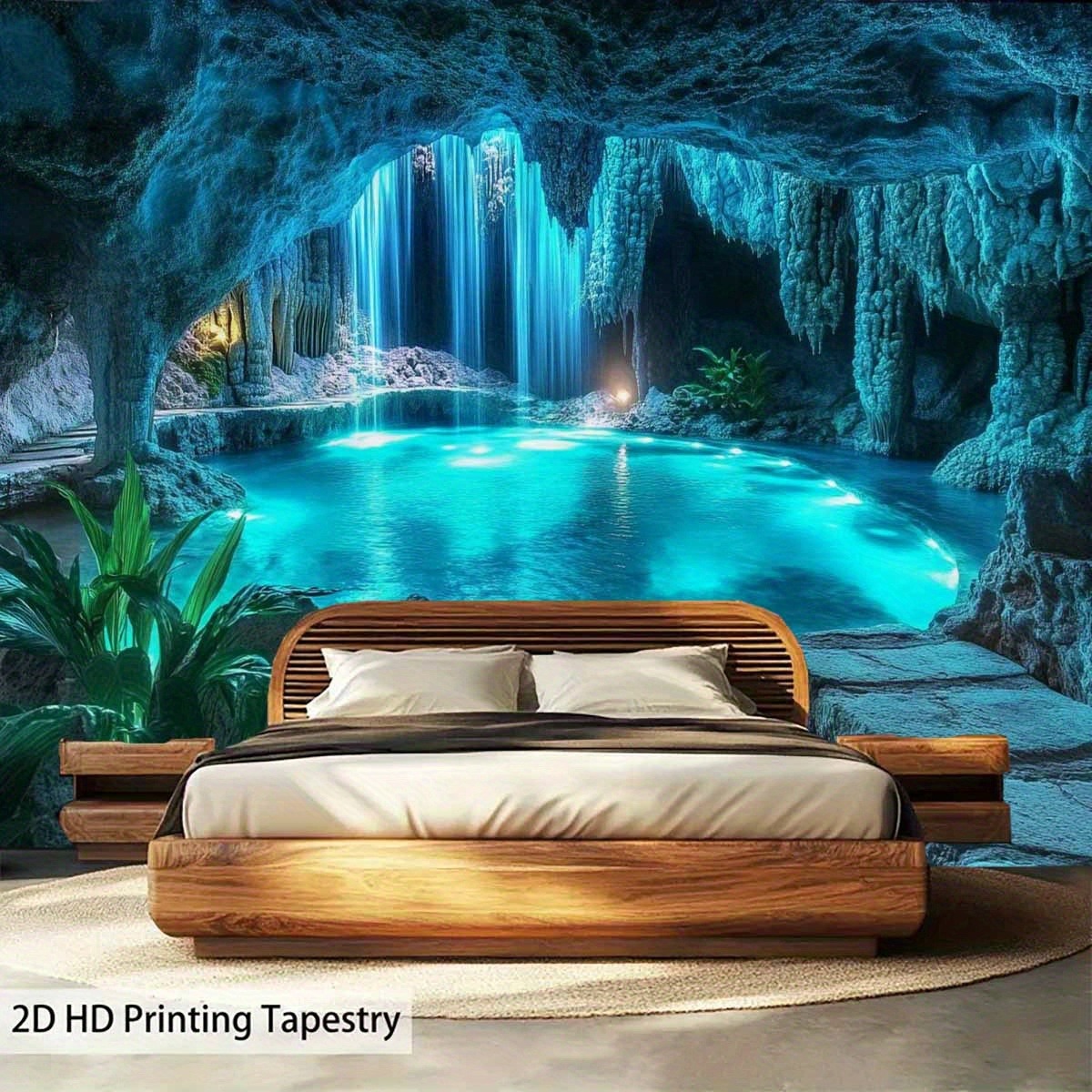 Tapisserie murale représentant une grande grotte bleue avec cascade et bassin - Décoration murale idéale pour la maison, cadeau de Noël, fond de fête, sans électricité_voghion.com