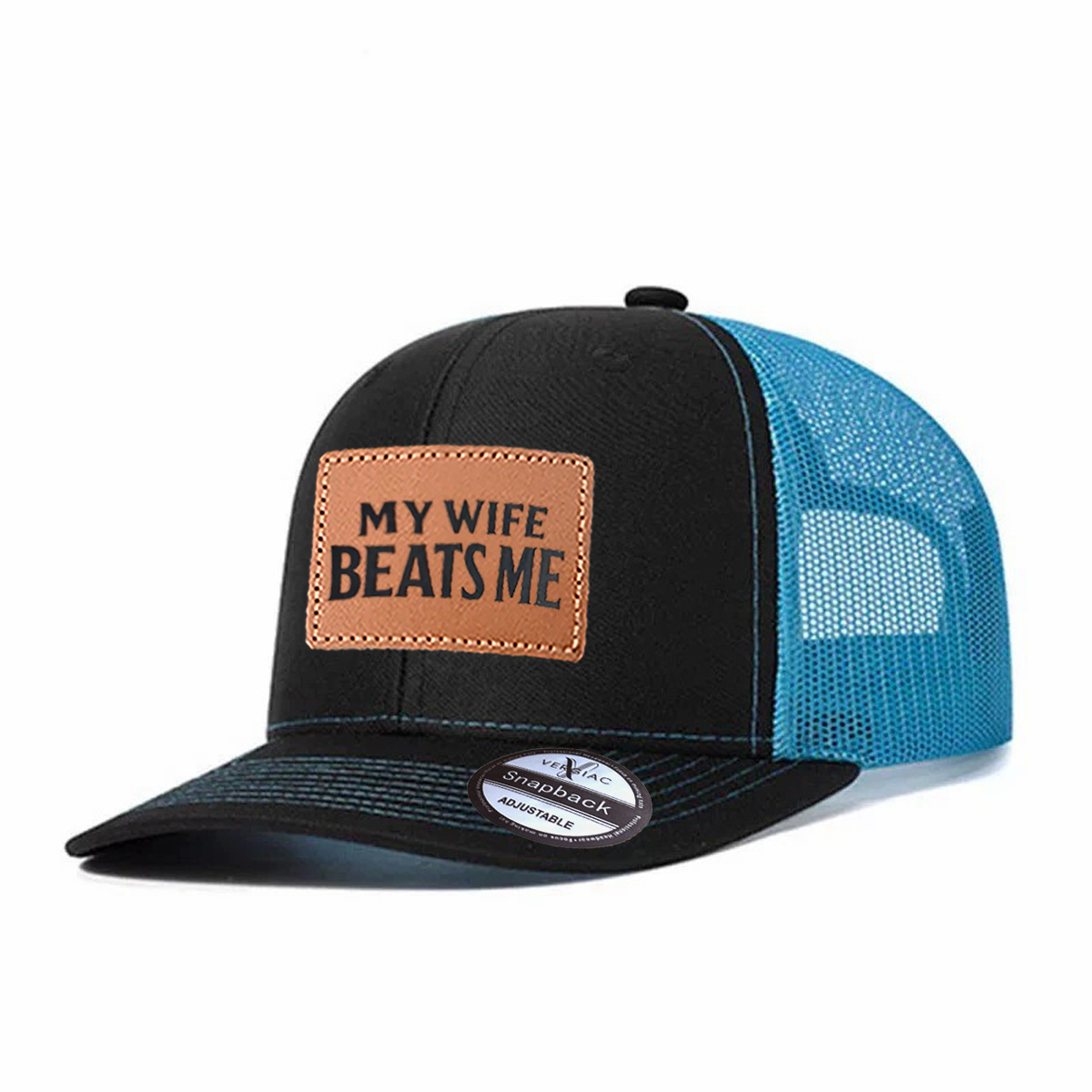 My Wife Beats Me Leather Patch Trucker Hat product details