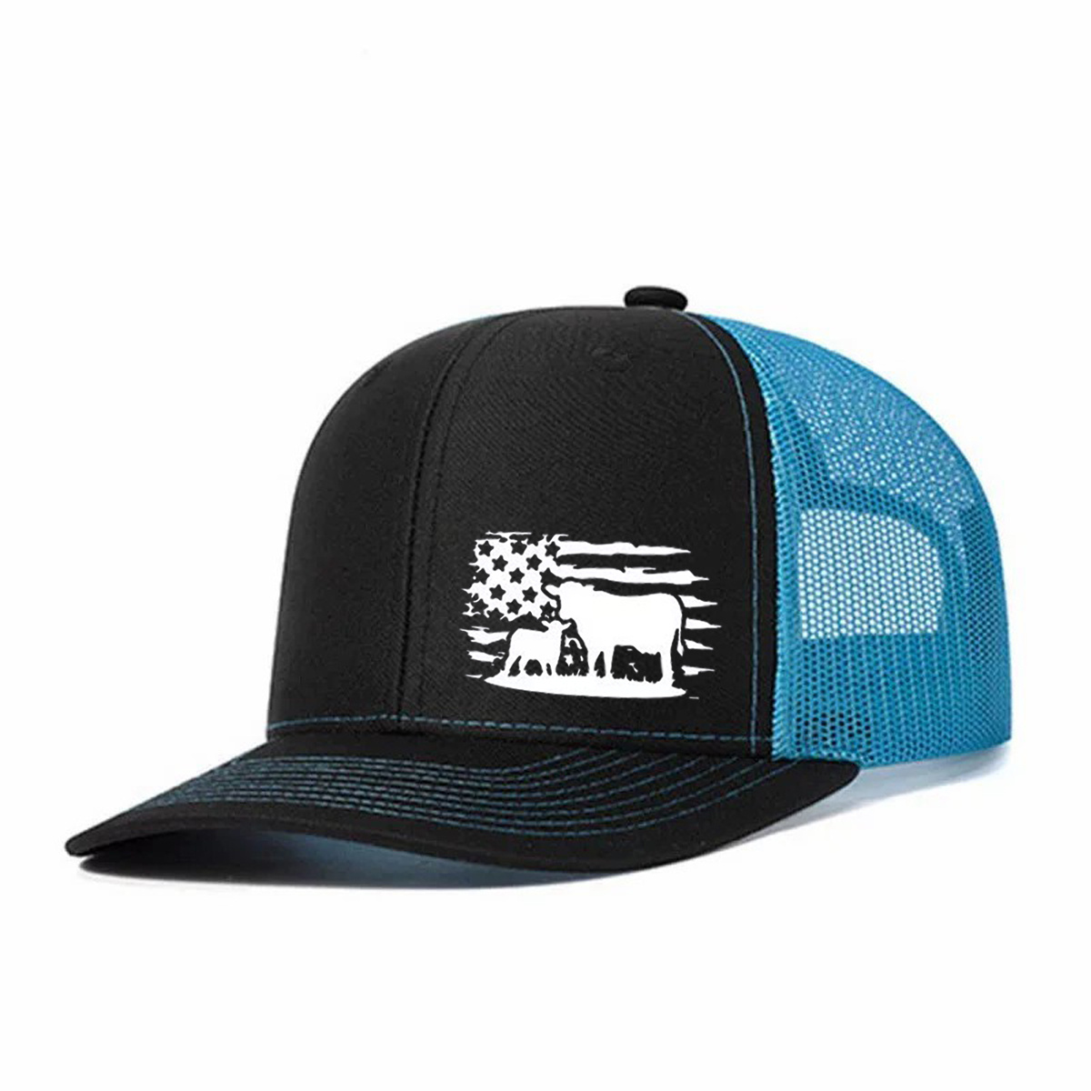 American Flag And Cattle Silhouette Leather Patch Trucker Hat product details
