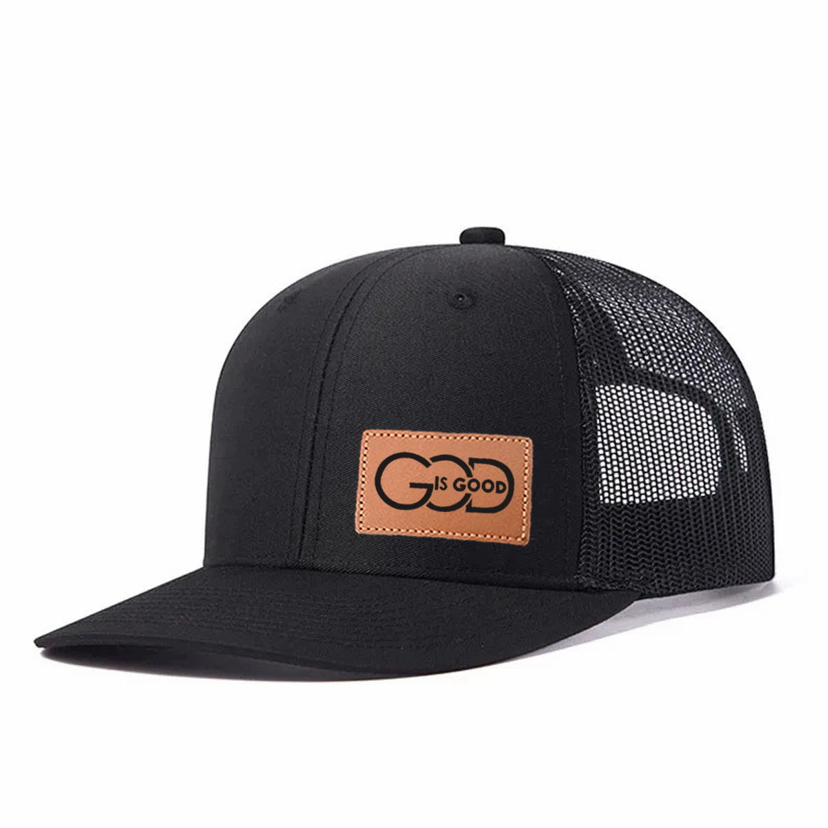 God Is Good Leather Patch Trucker Hat product details