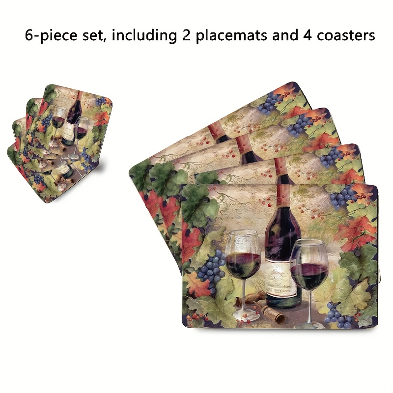 Vintage-Tischsets und Untersetzer aus Holz im künstlerischen Design (6-teilig), Weinmotiv – perfekt für die Dekoration Ihres Zuhauses oder als Geschenk. Enthält 2 große Tischsets._voghion.com