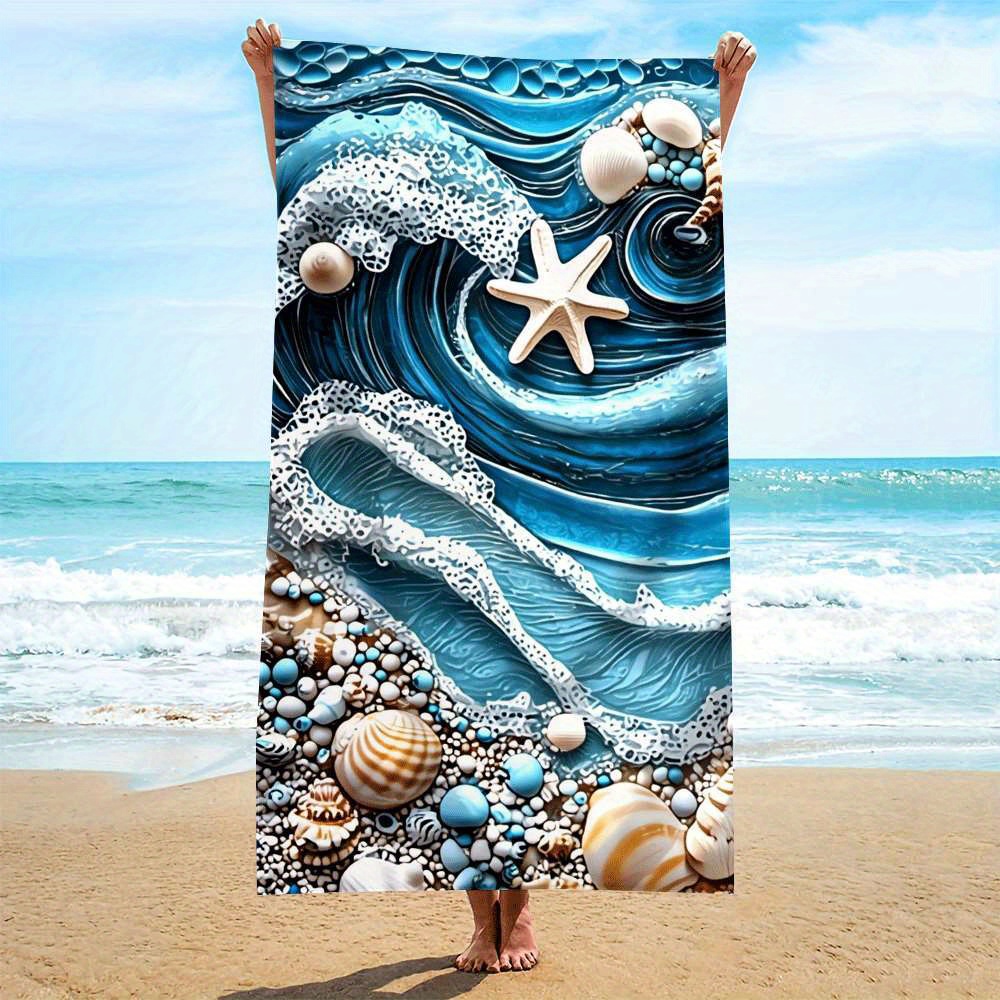 1pc Pack, Microfiber, Beach Towel With Ocean Wave, Seashell, And Starfish Pattern, Quick-Dry Microfiber, Strong Wrap-around Design, Suitable For Beach_voghion.com