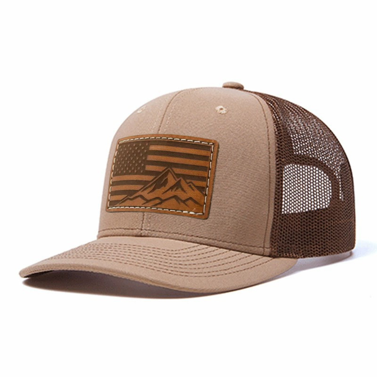USA Flag Mountain Leather Patch Trucker Hat product details