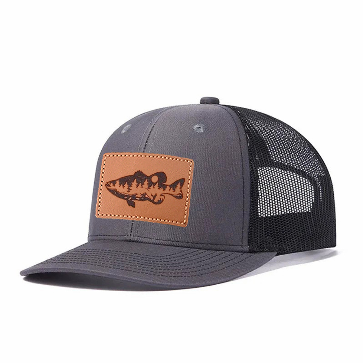 Largemouth Bass Scene Leather Patch Trucker Hat product details