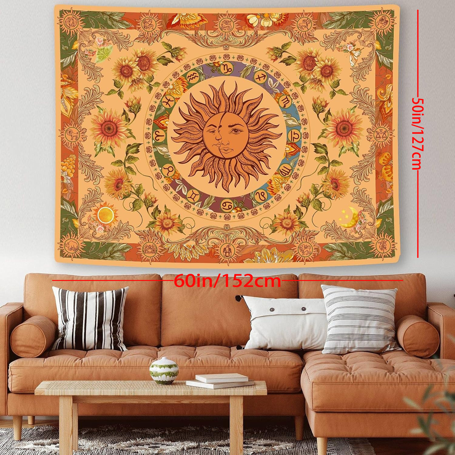 2D Flat Yellow Retro Bohemian Sun Tapestry 1pc With Sunflower Butterfly Moth Constellation Aesthetics For Dorm Living Camping Picnic All Seasons_voghion.com