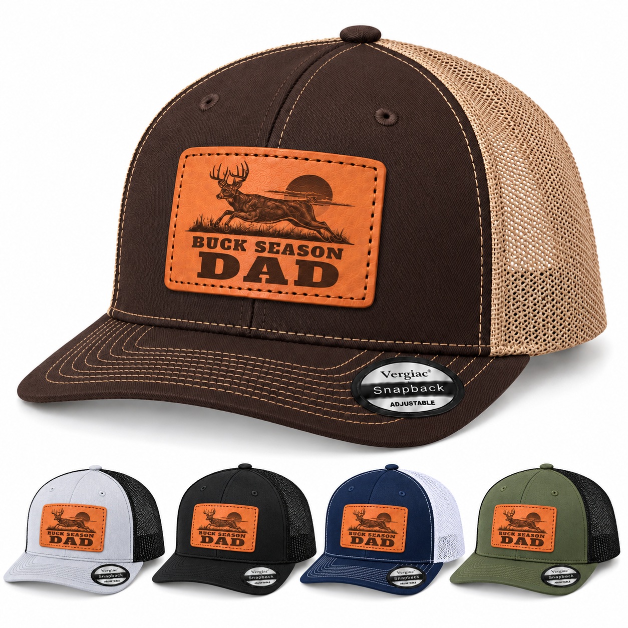 Buck Season Dad Stag Graphic Leather Patch Trucker Hat product details