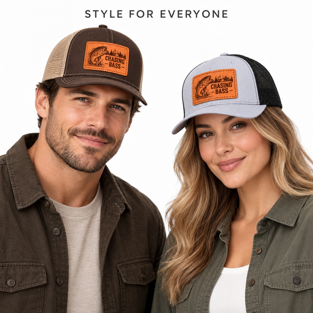 Chasing Bass Bass Fishing Graphic Leather Patch Trucker Hat product details