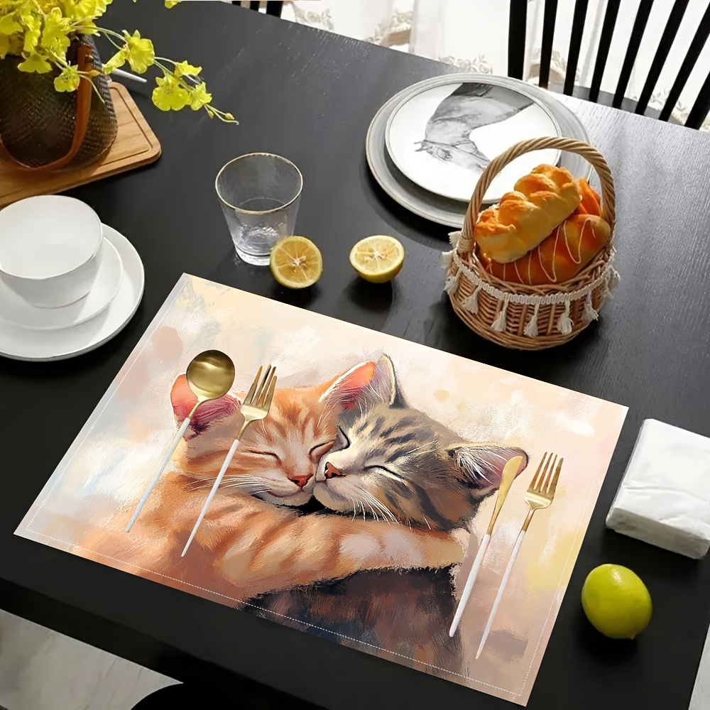 Niedliche Tischsets mit umarmenden getigerten Katzen – Design: Rot-graue Katzen, Tischsets für Ess- und Couchtische, maschinenwaschbar, rechteckige Küchendekoration_voghion.com