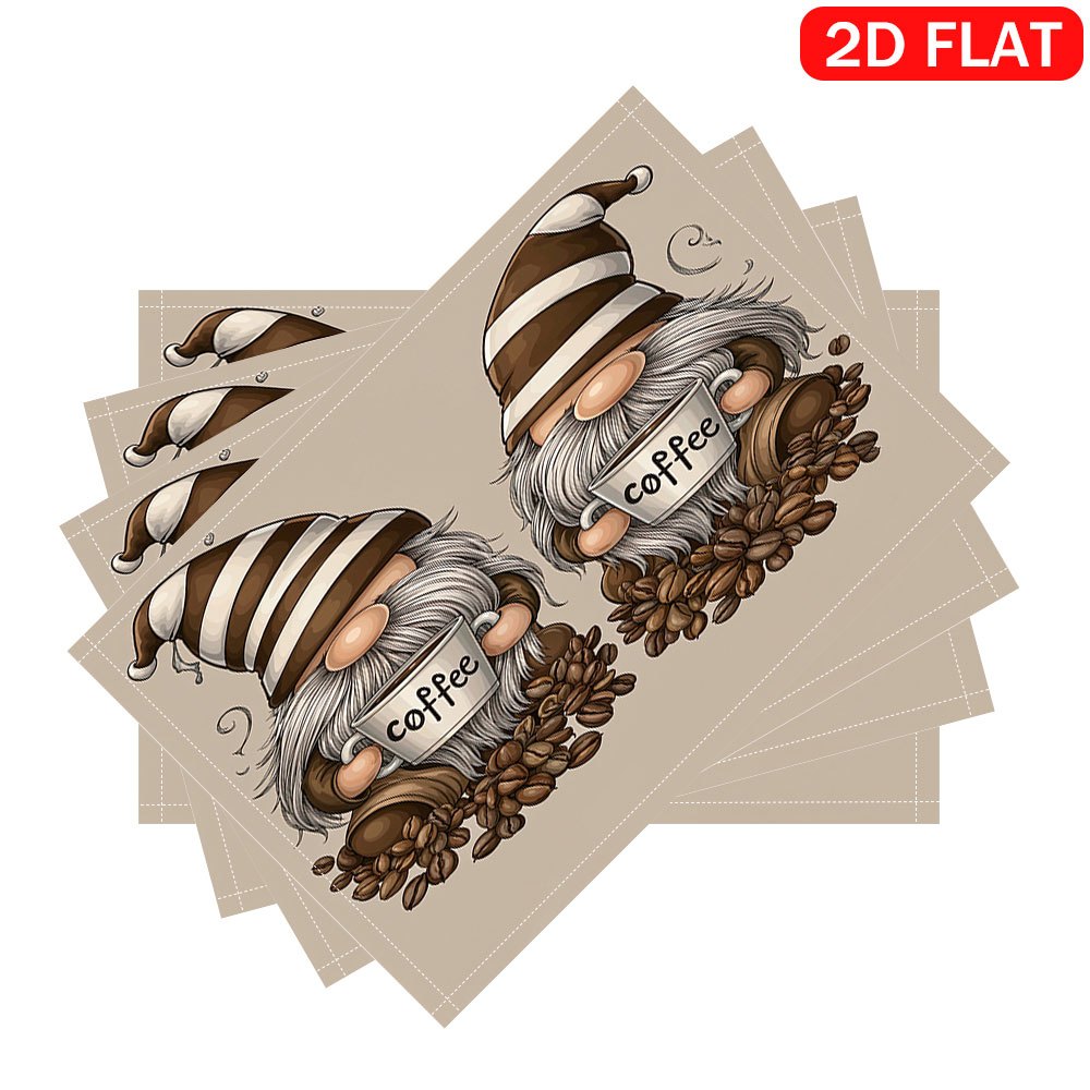 2/4/6pcs Placemats 2D Flat 30X45Cm/11.81X17.72Inch Coffee Gnome Mug Scene Table Mats | Polyester, Heat-Resistant, Scald-Proof, Suitable For Indoor_voghion.com