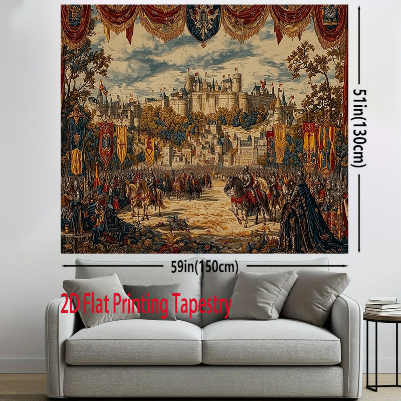 Vintage Aesthetic Medieval Castle Tournament Knight Jousting 2D Flat Printing Tapestry Polyester Wall Hanging Decor For Home Living Room Bedroom_voghion.com