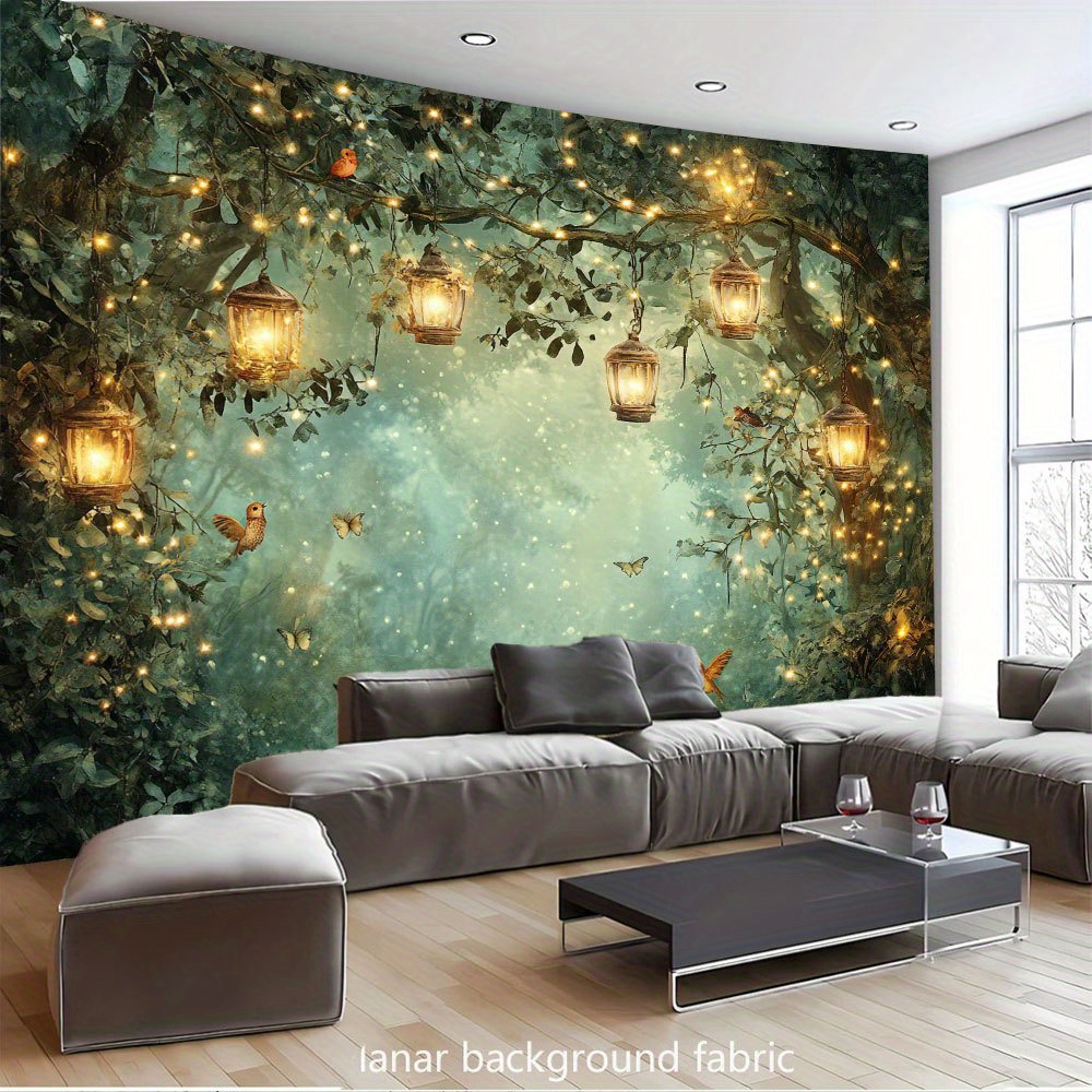 2D Flat Banner 1pc Magic Forest Night Scene Luminous Tapestry Bird Decoration Self Adhesive No Power Needed Easy Hang For All Seasons Indoor Outdoor_voghion.com