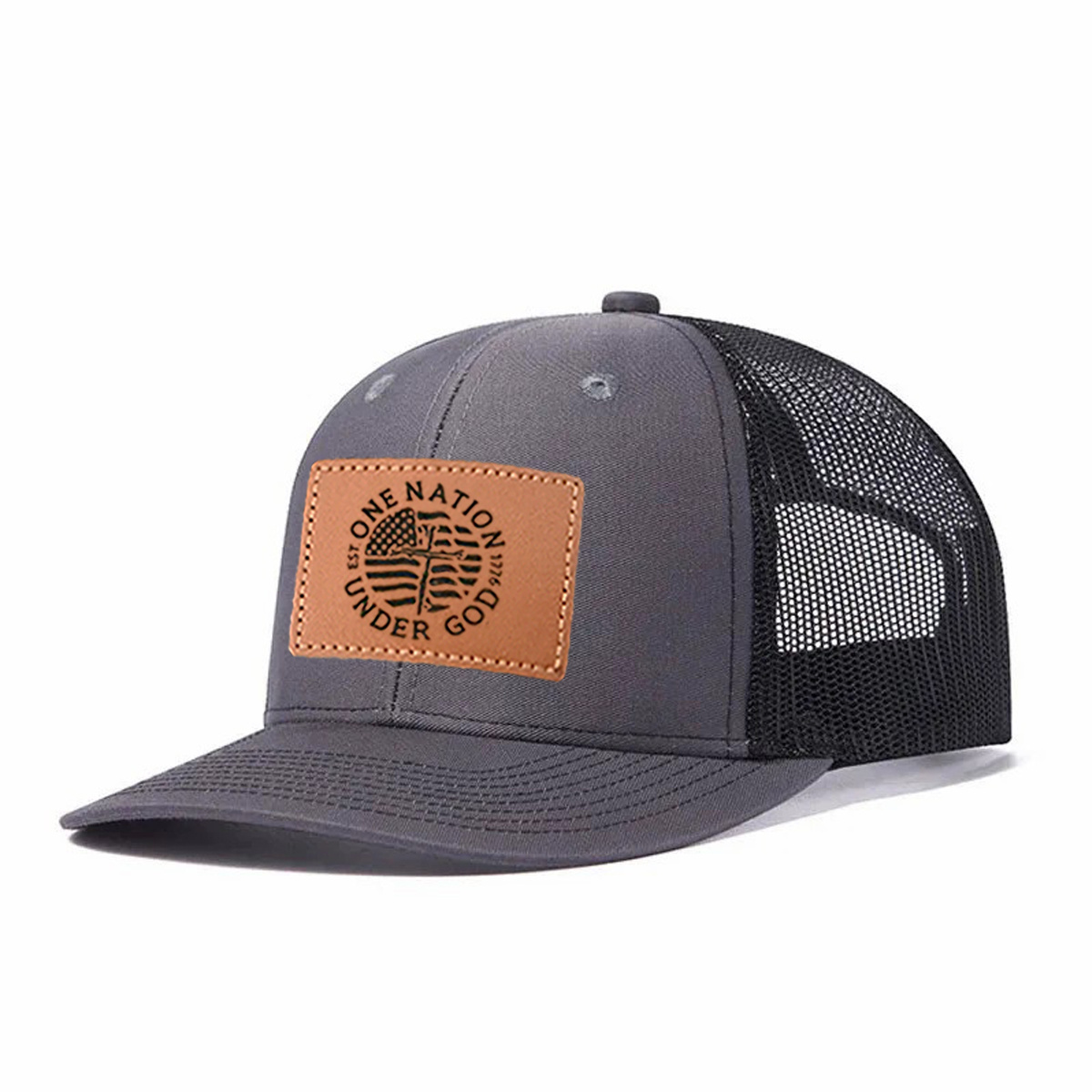One Nation Under God Leather Patch Trucker Hat product details