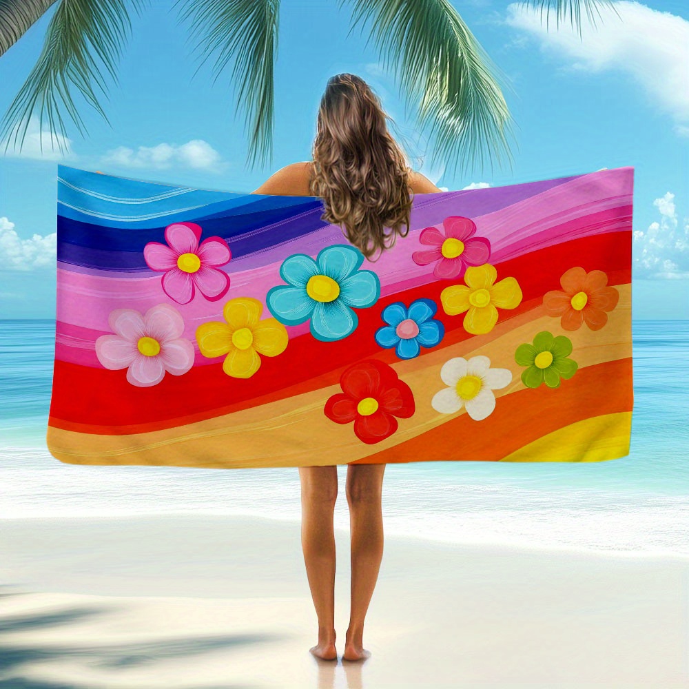 1pc Of Oversized Quick-Drying Beach Towel - Highly Absorbent, Soft, Ideal For Pool, Traveling, And Camping - Featuring A Floral And Striped Pattern_voghion.com