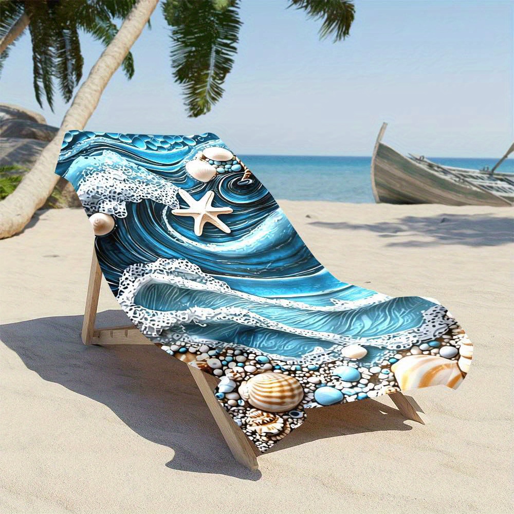 1pc Pack, Microfiber, Beach Towel With Ocean Wave, Seashell, And Starfish Pattern, Quick-Dry Microfiber, Strong Wrap-around Design, Suitable For Beach_voghion.com